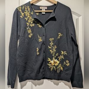 Vintage Tiara International Floral Embroidered Cardigan Silk Blend Sz Small